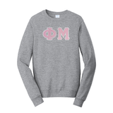 Premium Phi Mu Sorority Satin Stitch Sewn on Greek Letter Fan Favorite Port and Company Crewneck Sweatshirt