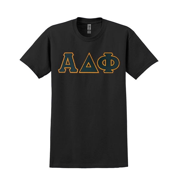 Alpha Delta Phi Fraternity Sewn on Greek Letter Gildan T-shirt bulk discount table