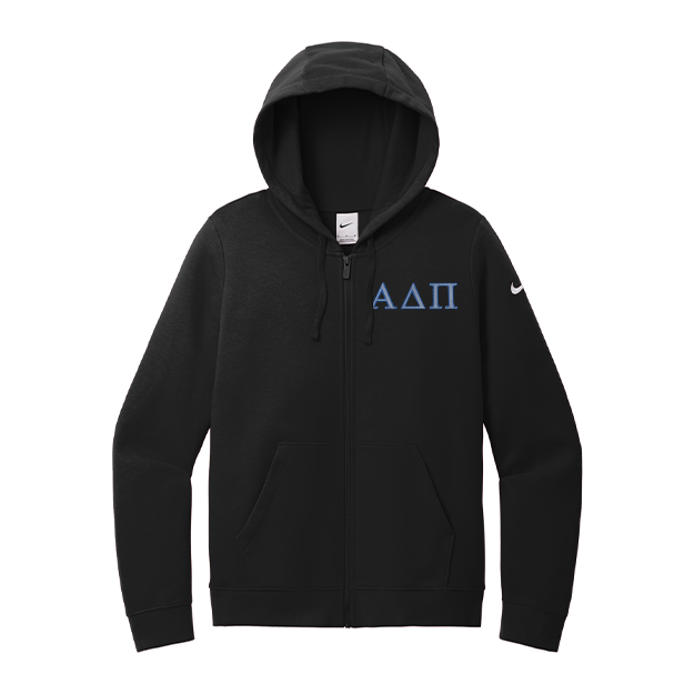 Alpha Delta Pi Sorority embroidered Greek letters on a high quality Nike Ladies Club Fleece Sleeve Swoosh Full-Zip Hooded Sweatshirt