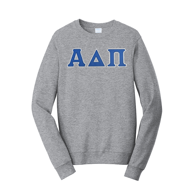 Premium Alpha Delta Pi Sorority Satin Stitch Sewn on Greek Letter Fan Favorite Port and Company Crewneck Sweatshirt