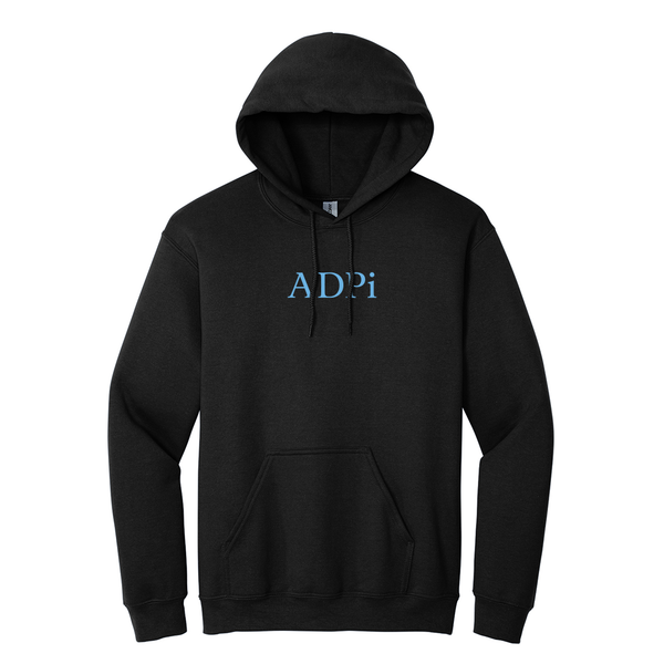 ADPi Sorority Embroidered Hooded Sweatshirt. Display your Alpha Delta Pi sisterhood with grace in this classic appeal Gildan hoodie. It features ADPi embroidered onto the chest (as seen in the product image), offering a beautiful and prominent symbol of your lifelong commitment. You can customize this comfortable hoodie by choosing your preferred hoodie and embroidery colors.