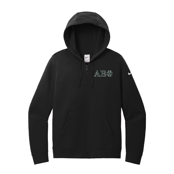 Alpha Epsilon Phi Sorority embroidered Greek letters on a high quality Nike Ladies Club Fleece Sleeve Swoosh Full-Zip Hooded Sweatshirt