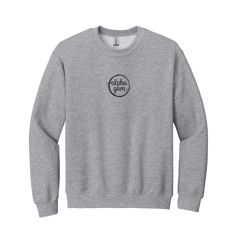 Alpha Gamma Delta Sorority Embroidered Circle Crewneck Sweatshirt. Showcase your Alpha Gamma Delta spirit in this classic style Gildan crewneck sweatshirt. It features your beautiful ΑΓΔ circle embroidered onto the center chest