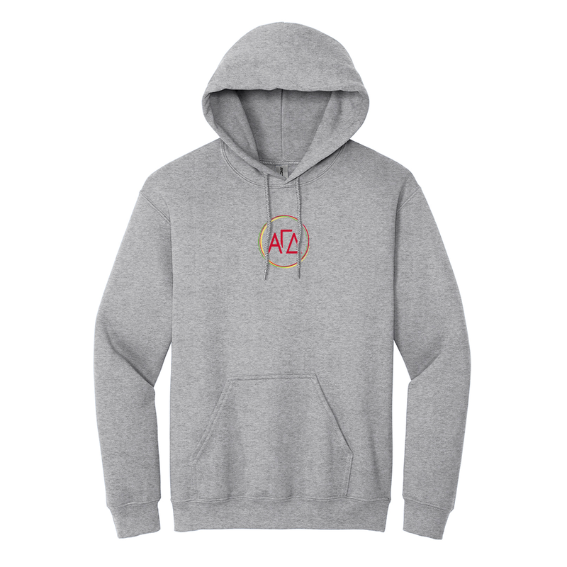 Alpha Gamma Delta Sorority Embroidered Greek Letter Circle Hoodie. Showcase your Alpha Gamma Delta spirit in this classic style Gildan hoodie that features your beautiful ΑΓΔ Greek letter circle meticulously embroidered onto the center chest.