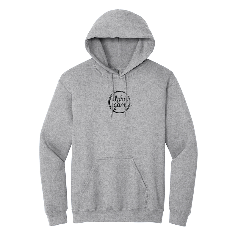 Alpha Gamma Delta Sorority Embroidered Circle Hooded Sweatshirt. Showcase your Alpha Gamma Delta spirit in this classic style Gildan hoodie. It features your beautiful ΑΓΔ circle meticulously embroidered onto the center chest