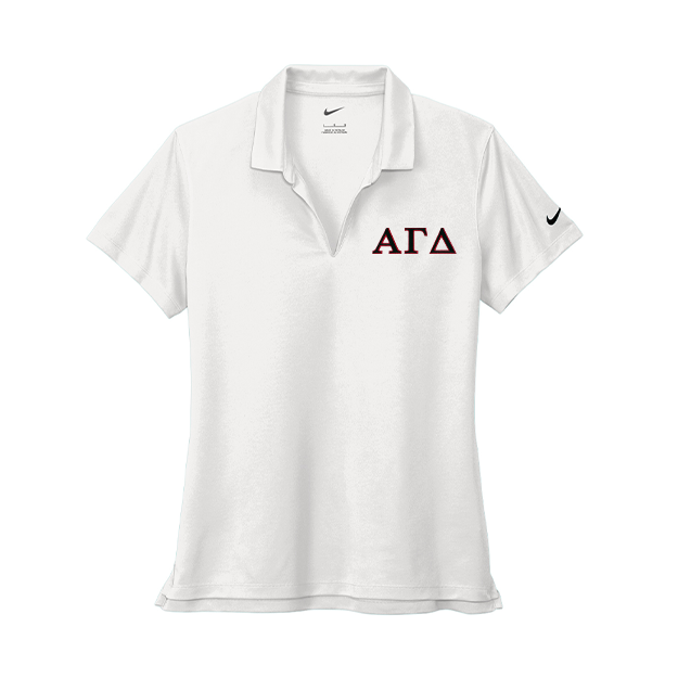 Alpha Gamma Delta Sorority Nike Ladies Dri-FIT polo with embroidered Greek letters