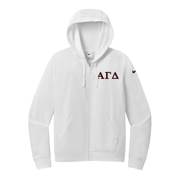 Alpha Gamma Delta Sorority embroidered Greek letters on a high quality Nike Ladies Club Fleece Sleeve Swoosh Full-Zip Hooded Sweatshirt