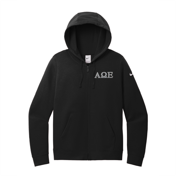 Alpha Omega Epsilon Sorority embroidered Greek letters on a high quality Nike Ladies Club Fleece Sleeve Swoosh Full-Zip Hooded Sweatshirt