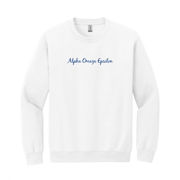 Alpha Omega Epsilon Sorority Embroidered Script Crewneck Sweatshirt. Display your Alpha Omega Epsilon identity in this embroidered Gildan crewneck sweatshirt. It features your Alpha Omega Epsilon embroidered across the chest in script font.