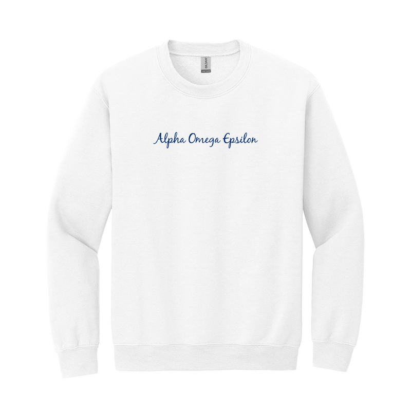 Alpha Omega Epsilon Sorority Embroidered Script Crewneck Sweatshirt. Display your Alpha Omega Epsilon identity in this embroidered Gildan crewneck sweatshirt. It features your Alpha Omega Epsilon embroidered across the chest in script font.