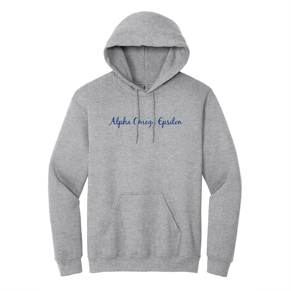Alpha Omega Epsilon Sorority Embroidered Script Hoodie. Display your Alpha Omega Epsilon pride in this polished style Gildan hoodie. It features your esteemed Alpha Omega Epsilon letters expertly embroidered in script font across the chest.