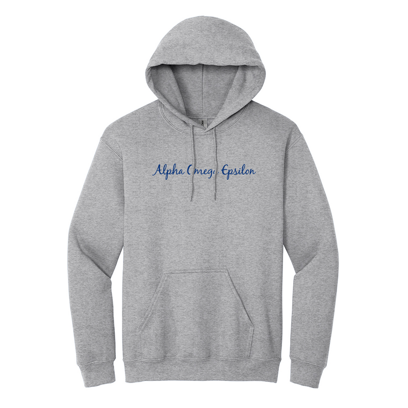 Alpha Omega Epsilon Sorority Embroidered Script Hoodie. Display your Alpha Omega Epsilon pride in this polished style Gildan hoodie. It features your esteemed Alpha Omega Epsilon letters expertly embroidered in script font across the chest.