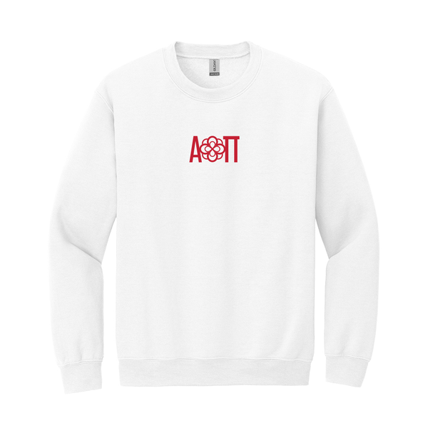 Alpha Omicron Pi Sorority Embroidered Greek Letter Infinity Rose Crewneck Sweatshirt. The Alpha Omicron Pi Greek letters with infinity rose design will be embroidered in cardinal red with care onto the front of a Gildan crewneck sweatshirt.