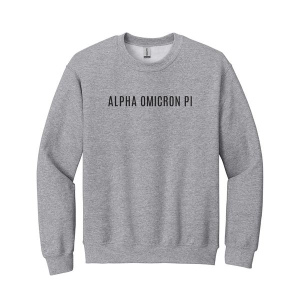 Alpha Omicron Pi Sorority Embroidered Text Crewneck Sweatshirt. Wear your ΑΟΠ letters with grace in this timeless appeal Gildan crewneck sweatshirt that features your beautiful Alpha Omicron Pi letters meticulously embroidered across the chest