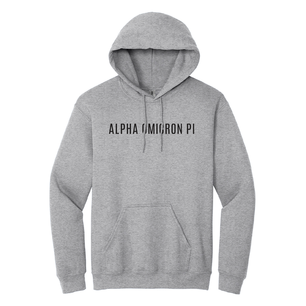 Alpha Omicron Pi Sorority Embroidered Text Hoodie. Wear your ΑΟΠ letters with grace in this Gildan hoodie that features your beautiful Alpha Omicron Pi letters meticulously embroidered across the chest.