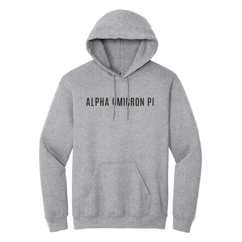 Alpha Omicron Pi Sorority Embroidered Text Hoodie. Wear your ΑΟΠ letters with grace in this Gildan hoodie that features your beautiful Alpha Omicron Pi letters meticulously embroidered across the chest.