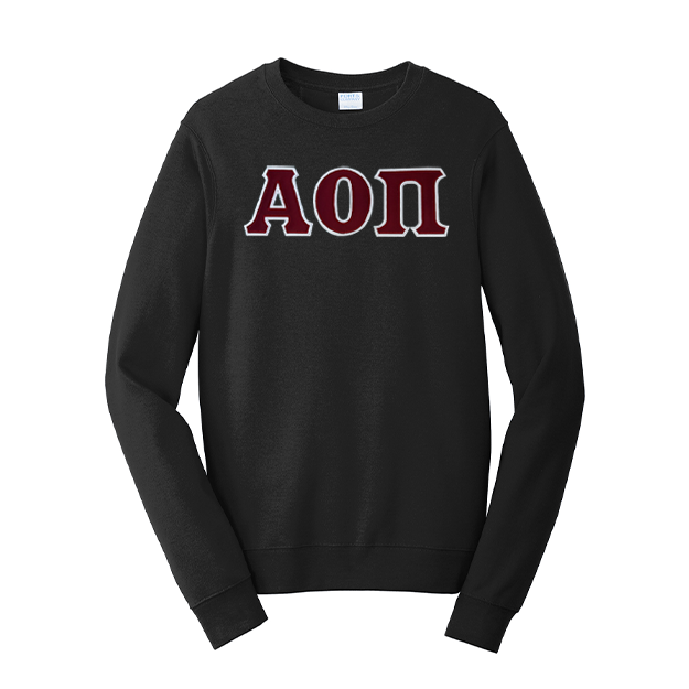 Premium Alpha Omicron Pi Sorority Satin Stitch Sewn on Greek Letter Fan Favorite Port and Company Crewneck Sweatshirt