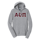 Premium Alpha Omicron Pi Sorority Satin Stitch Sewn on Greek Letter Fan Favorite Port and Company Hoodie