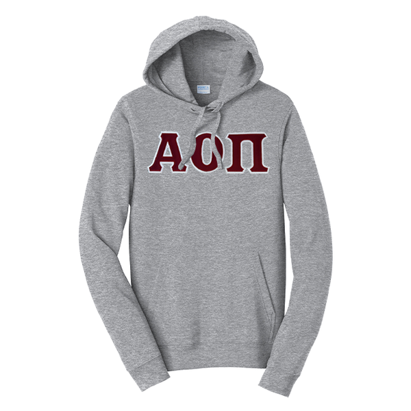 Premium Alpha Omicron Pi Sorority Satin Stitch Sewn on Greek Letter Fan Favorite Port and Company Hoodie