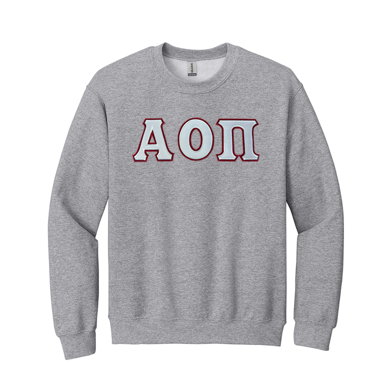 Wear your Alpha Omicron Pi letters with grace in this timeless appeal Gildan crewneck sweatshirt. It features your beautiful ΑΟΠ Greek letters meticulously sewn on with tackle twill.