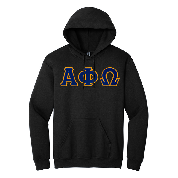 Alpha Phi Omega Fraternity Sewn on Greek Letter Gildan Hooded Sweatshirt