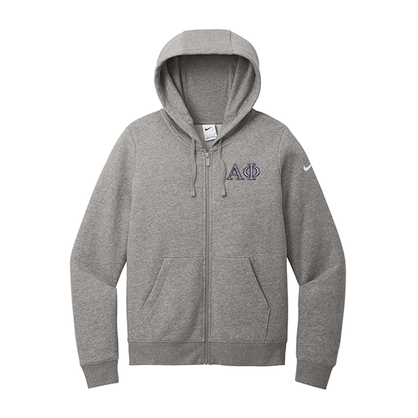 Alpha Phi Sorority embroidered Greek letters on a high quality Nike Ladies Club Fleece Sleeve Swoosh Full-Zip Hooded Sweatshirt