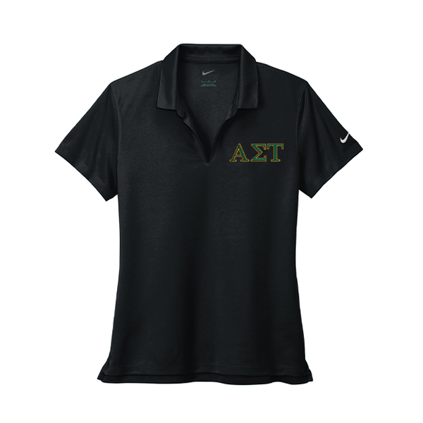 Alpha Sigma Tau Sorority Nike Ladies Dri-FIT polo with embroidered Greek letters