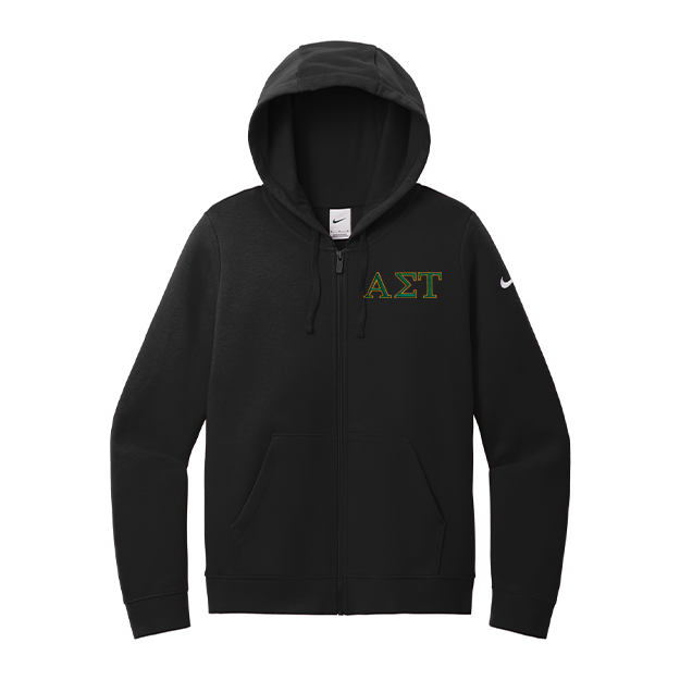 Alpha Sigma Tau Sorority embroidered Greek letters on a high quality Nike Ladies Club Fleece Sleeve Swoosh Full-Zip Hooded Sweatshirt