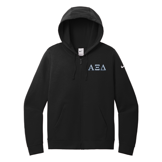 Alpha Xi Delta Sorority embroidered Greek letters on a high quality Nike Ladies Club Fleece Sleeve Swoosh Full-Zip Hooded Sweatshirt
