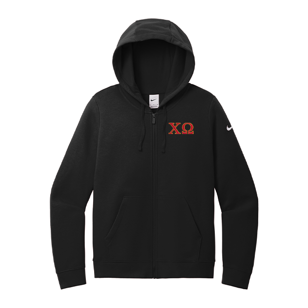 Chi Omega Sorority embroidered Greek letters on a high quality Nike Ladies Club Fleece Sleeve Swoosh Full-Zip Hooded Sweatshirt