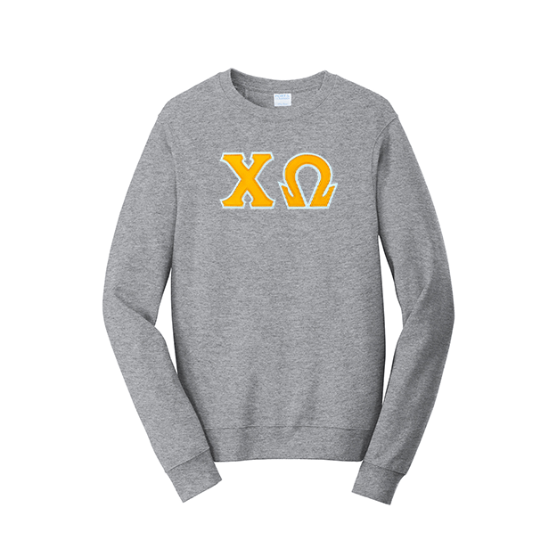 Premium Chi Omega Sorority Satin Stitch Sewn on Greek Letter Fan Favorite Port and Company Crewneck Sweatshirt