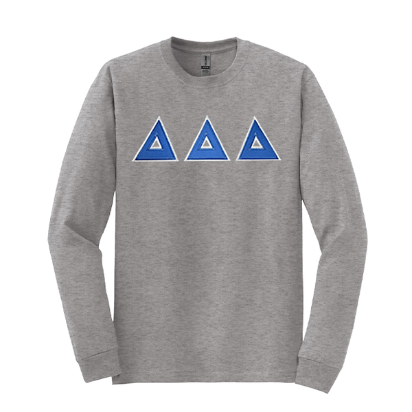 Delta Delta Delta Fraternity Sewn on Greek Letter Gildan Long Sleeve T-shirt