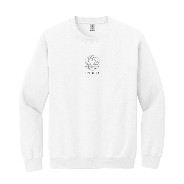 Display your Delta Delta Delta sisterhood with purpose in this classic appeal Gildan crewneck sweatshirt. It features your cherished ΔΔΔ Vertical Logo expertly embroidered on the chest in black.