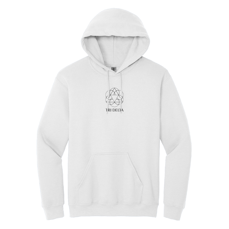 Display your Delta Delta Delta sisterhood with grace in this classic appeal Gildan hoodie. It features your cherished ΔΔΔ Vertical Logo expertly embroidered on the chest in black.