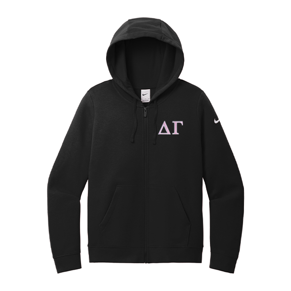 Delta Gamma Sorority embroidered Greek letters on a high quality Nike Ladies Club Fleece Sleeve Swoosh Full-Zip Hooded Sweatshirt