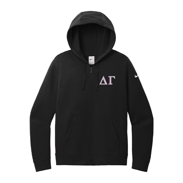Delta Gamma Sorority embroidered Greek letters on a high quality Nike Ladies Club Fleece Sleeve Swoosh Full-Zip Hooded Sweatshirt