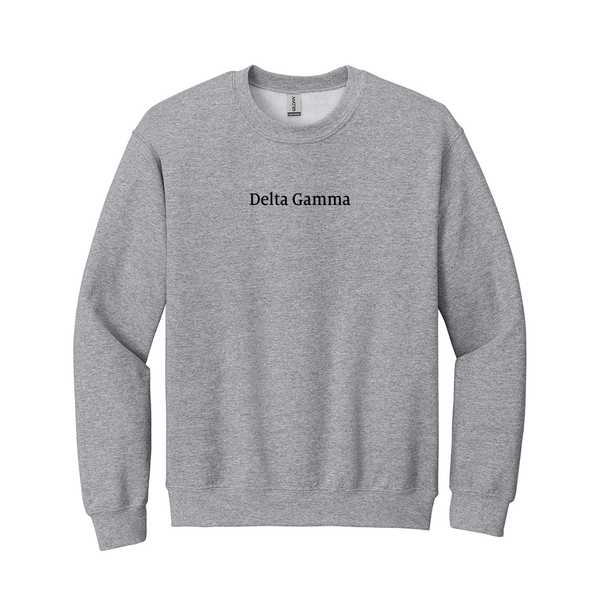 Wear your Delta Gamma Wordmark with pride and classic style in this warm Gildan crewneck sweatshirt. It features your distinct ΔΓ Wordmark expertly embroidered on the center chest.