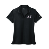 Wear your Delta Gamma letters on this classic Nike Ladies Dri-FIT polo, featuring subtle yet distinct embroidery. Your strong ΔΓ Greek letters will be finely embroidered as chosen. 