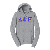 Premium Delta Phi Epsilon Sorority Satin Stitch Sewn on Greek Letter Fan Favorite Port and Company Hoodie