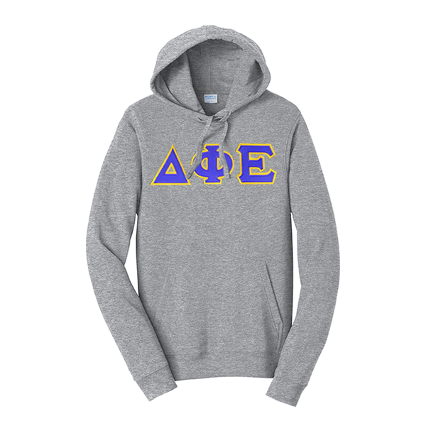 Premium Delta Phi Epsilon Sorority Satin Stitch Sewn on Greek Letter Fan Favorite Port and Company Hoodie