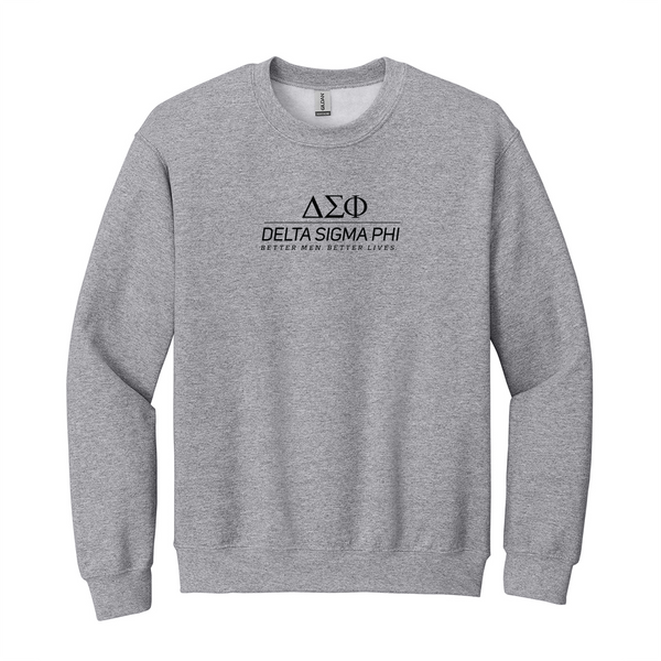 Showcase your Delta Sigma Phi spirit with character in this classic style Gildan crewneck sweatshirt. It features your strong ΔΣΦ vertically stacked logo meticulously embroidered on the center chest in black, on a sport gray Gildan crewneck sweatshirt