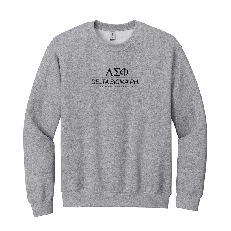 Showcase your Delta Sigma Phi spirit with character in this classic style Gildan crewneck sweatshirt. It features your strong ΔΣΦ vertically stacked logo meticulously embroidered on the center chest in black, on a sport gray Gildan crewneck sweatshirt