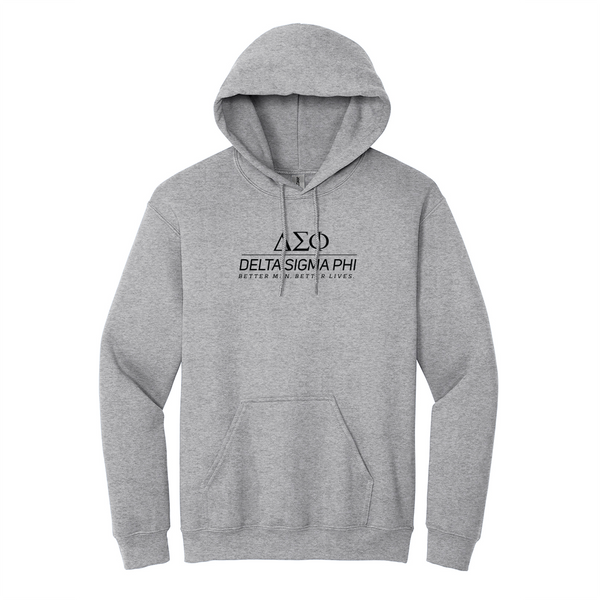 Showcase your Delta Sigma Phi spirit with character in this classic style Gildan hoodie. It features your strong ΔΣΦ vertically stacked logo meticulously embroidered on the center chest in black, on a sport gray Gildan hoodie