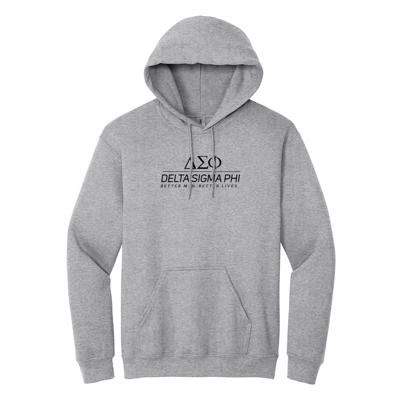 Showcase your Delta Sigma Phi spirit with character in this classic style Gildan hoodie. It features your strong ΔΣΦ vertically stacked logo meticulously embroidered on the center chest in black, on a sport gray Gildan hoodie