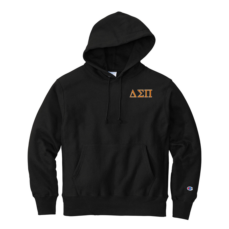 Represent your Delta Sigma Pi fraternity in this premium Champion Reverse Weave Hooded Sweatshirt, featuring your letters in a refined embroidered style. Your distinguished ΔΣΠ Greek letters will be neatly embroidered