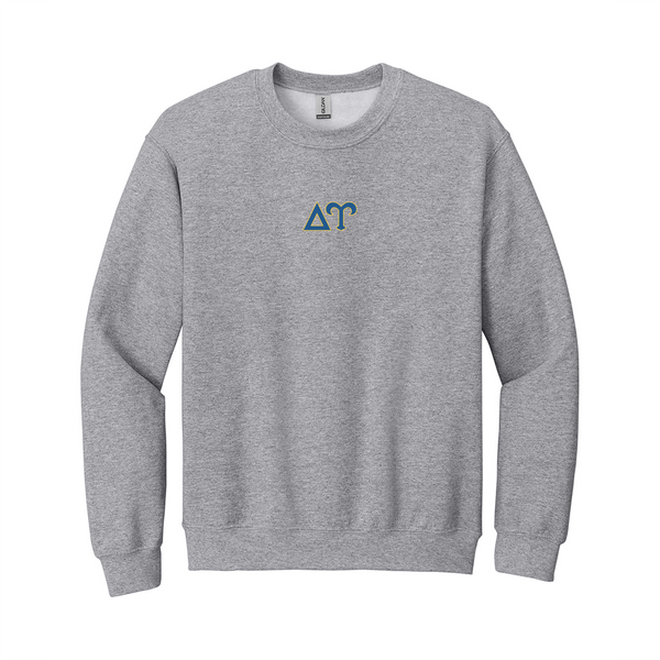 Represent your Delta Upsilon principles with sharp, classic style in this Gildan crewneck sweatshirt. It showcases your distinctive ΔΥ Greek letters meticulously embroidered on the center chest in gold and royal blue.