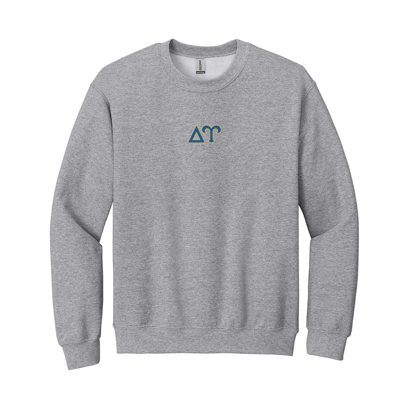 Represent your Delta Upsilon principles with sharp, classic style in this Gildan crewneck sweatshirt. It showcases your distinctive ΔΥ Greek letters meticulously embroidered on the center chest in gold and royal blue.