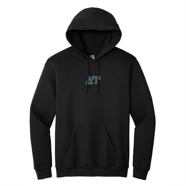 Represent your Delta Upsilon affiliation with sharp, classic style in this Gildan hoodie. It showcases your distinctive ΔΥ Greek letters meticulously embroidered on the center chest in gold and royal blue.