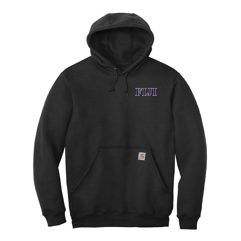 Represent your FIJI affiliation with this sharp Carhartt Midweight Hooded Sweatshirt, showcasing small embroidered Greek letters.