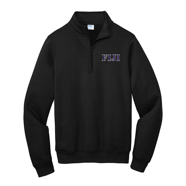 Represent your FIJI affiliation with this sharp Port &amp; Company Quarter Zip sweatshirt, showcasing classic embroidered Greek letters. Your distinguished FIJI Greek letters are neatly embroidered 